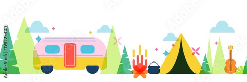 Summer camping seamless horizontal background. Tent, motorhome, pine trees, campfire vector outdoor travel illustration