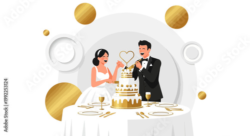 Elegant Wedding Couple Cutting Cake with Gold Heart Topper