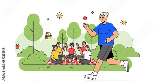 Energetic senior woman jogging in a vibrant park with family enjoying picnic outdoors