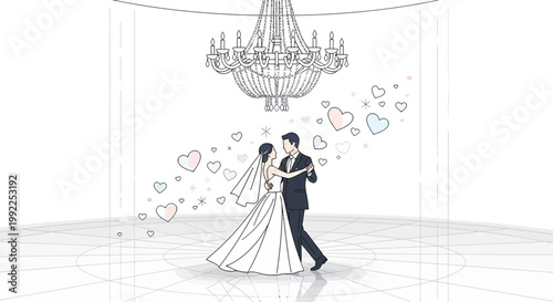 Elegant Wedding Couple Dancing Under Chandelier, Love Hearts Illustration