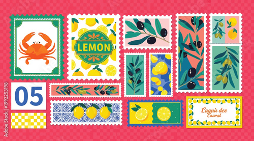 Set of decorative postage stamps featuring lemons, olives, and a crab on a pink background