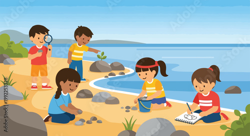 Five diverse children explore a sunny beach together, observing small plants, collecting smooth stones, and sketching nature in their notebooks.