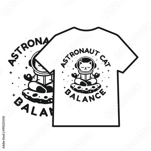 Minimalist Astronaut Cat Meditating in Space T-shirt Design, Zen Cat Balance on Planet Graphic Illustration with Typography
