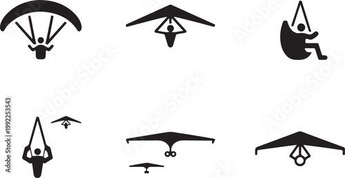 Pictogram style paragliding and hang-gliding black icon set, flat vector illustration