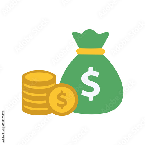 Green money bag with gold coins.