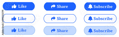 Minimal Blue and White Alternating Rounded Social Media UI Button Set with Like Share Subscribe Icons, Clean Simple Interface Design, Outline Styles, Easy to Use Web and Mobile UI Elements