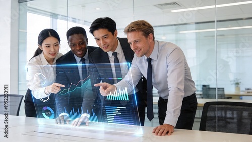 A group of business professionals gathered around a futuristic digital display in a modern office setting
