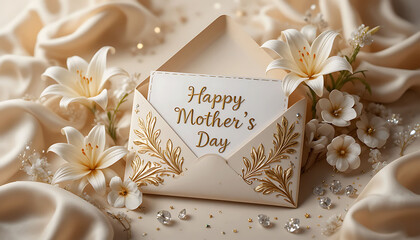 Luxury Happy Mother’s Day Greeting Card with White Lilies, Golden Moon and Crystal Diamonds