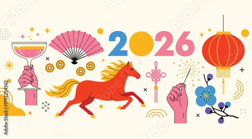 Chinese new year 2026 greeting card with red horse, lantern, fan, coins, and sparkler