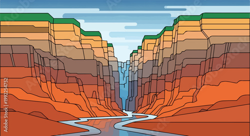 Flat Vector Illustration of a Deep Rock Canyon with a Winding River Layered Cliffs and Geological Formations Minimalist Nature Landscape Art