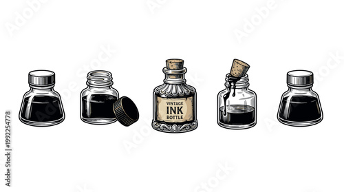 Vintage ink bottles in various classic styles arranged in a row, showcasing traditional writing instruments and artistic drawing supplies.