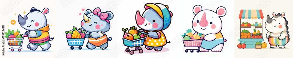 Fototapeta premium cute rhino vector shopping for fruit