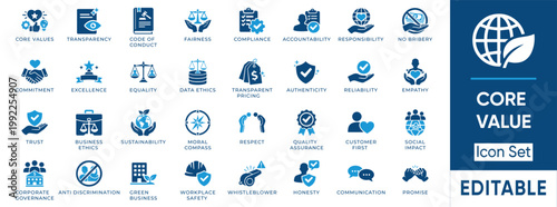 Core value and business ethics solid icon set. Includes symbols for Transparency, Compliance, and Sustainability. Vector icons for corporate culture.