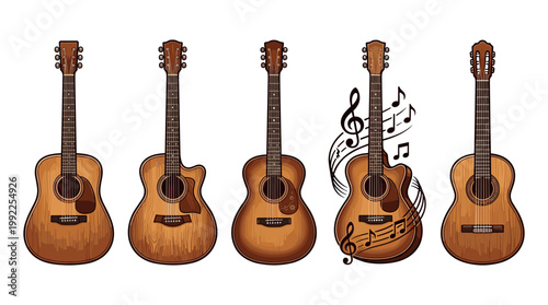 Five different acoustic guitars are displayed in a row, showcasing various styles and wooden textures, with one emitting musical notes.