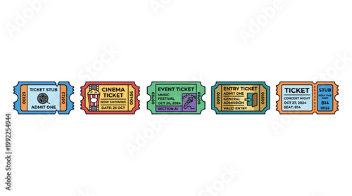 Collection of colorful event admission tickets for various entertainment and leisure activities, including cinema, music festivals, and concerts.