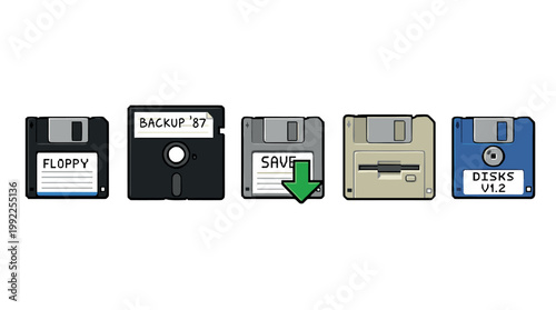 Five colorful retro floppy disks lined up horizontally showcasing vintage computer data storage technology and digital information backup concepts from the past.