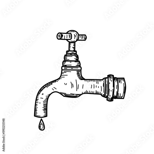 Vintage Hand-Drawn Water Tap with Drip Illustration