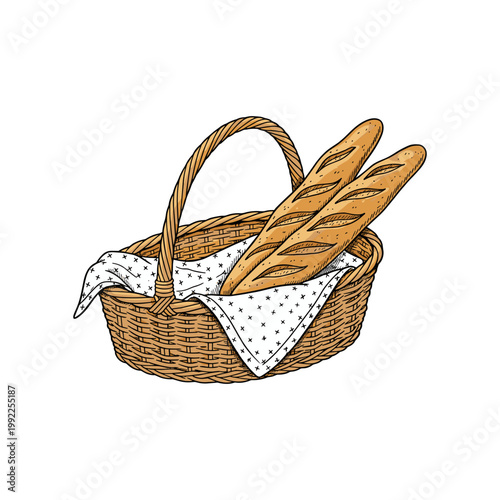 Hand Drawn Woven Basket With Three Golden Crusty Baguettes