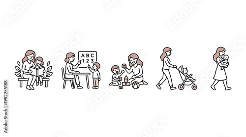 Mother and child illustrations depicting various stages of childcare and education, from reading and playing to teaching and nurturing.