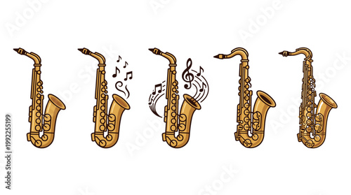 Five golden saxophones are illustrated in a row, with musical notes emanating from some bells, symbolizing jazz and classical music.