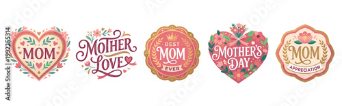 Mother's Day celebration labels and badges collection features heartfelt designs, typography, and floral elements expressing love and appreciation for mothers.