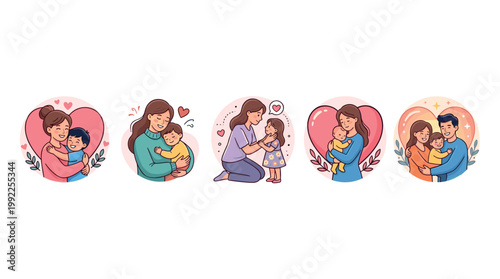 Mothers, children, and families share loving moments together in these heartwarming cartoon illustrations, celebrating the bond of parenthood and care.