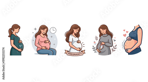 Pregnant women illustrations depicting various stages and emotions of the beautiful maternity journey, embracing the joy, anticipation, and wonder of motherhood.