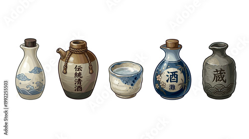 Japanese sake bottles and cups with traditional designs showcasing various styles of ceramic tokkuri, choko, and jugs used for serving rice wine.