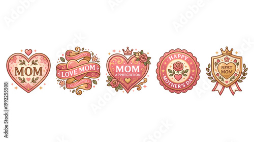 Mother's Day badges and emblems collection featuring various designs celebrating maternal love, appreciation, and the special bond with mothers.