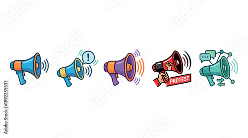Colorful cartoon megaphones representing various forms of public communication, protest, and spreading important messages across different platforms and channels with diverse symbols.