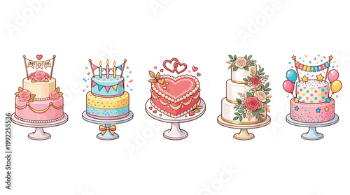 Five colorful cartoon celebration cakes standing on individual stands, showcasing various designs for birthdays, weddings, anniversaries, and special occasions with festive decorations.