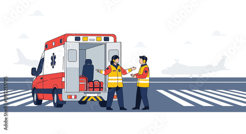 Paramedics with Ambulance at Airport, Emergency Medical Services, Patient Transport