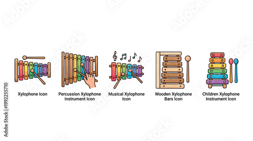 Xylophone musical instruments collection featuring colorful and wooden designs, including percussion, children's versions, and musical note elements for education and play.