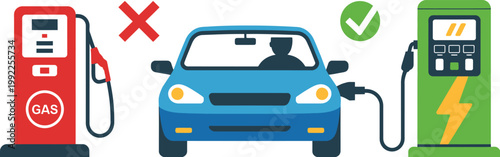 Charging, electric car charger and gas pump icon set, green energy eco-friendly transport concept, sustainable fueling station vector illustration.