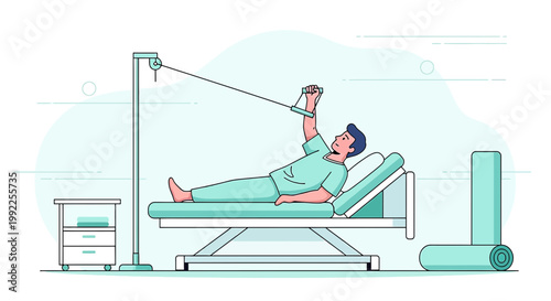Patient doing physical therapy in hospital bed with exercise equipment