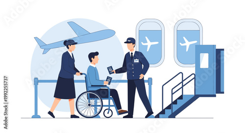 Passenger with Disability Assisted by Airport Staff for Boarding Airplane