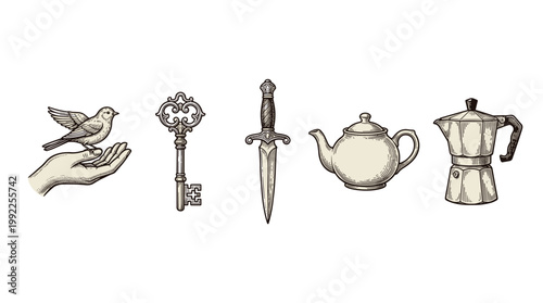 Various vintage engraved objects including a bird perched on a hand, an ornate key, a sharp dagger, a classic teapot, and a traditional moka pot coffee maker.