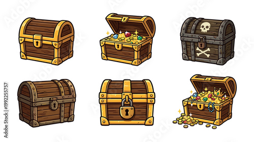 Various cartoon treasure chests filled with sparkling gold coins and precious jewels, depicting concepts of wealth, adventure, and hidden riches in a playful illustration style.