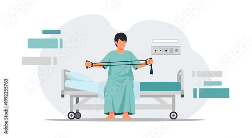 Patient doing physical therapy with resistance band in hospital room