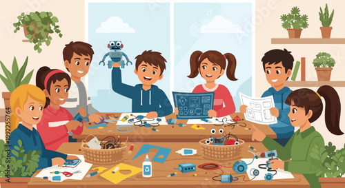 A group of diverse children are collaborating in a classroom to build and design various small robots at their desks.