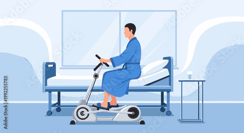 Patient Exercising on Elliptical in Hospital Room for Rehabilitation