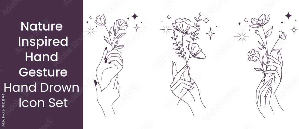 Obraz premium Elegant Hand Drawn Female Gestures with Botanical Elements with vector illustration