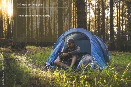 A camper uses a smartphone to ask an AI assistant for scenic hiking trails nearby. This visualizes artificial intelligence content creation for travel, outdoor entertainment ai, and smart hobby.