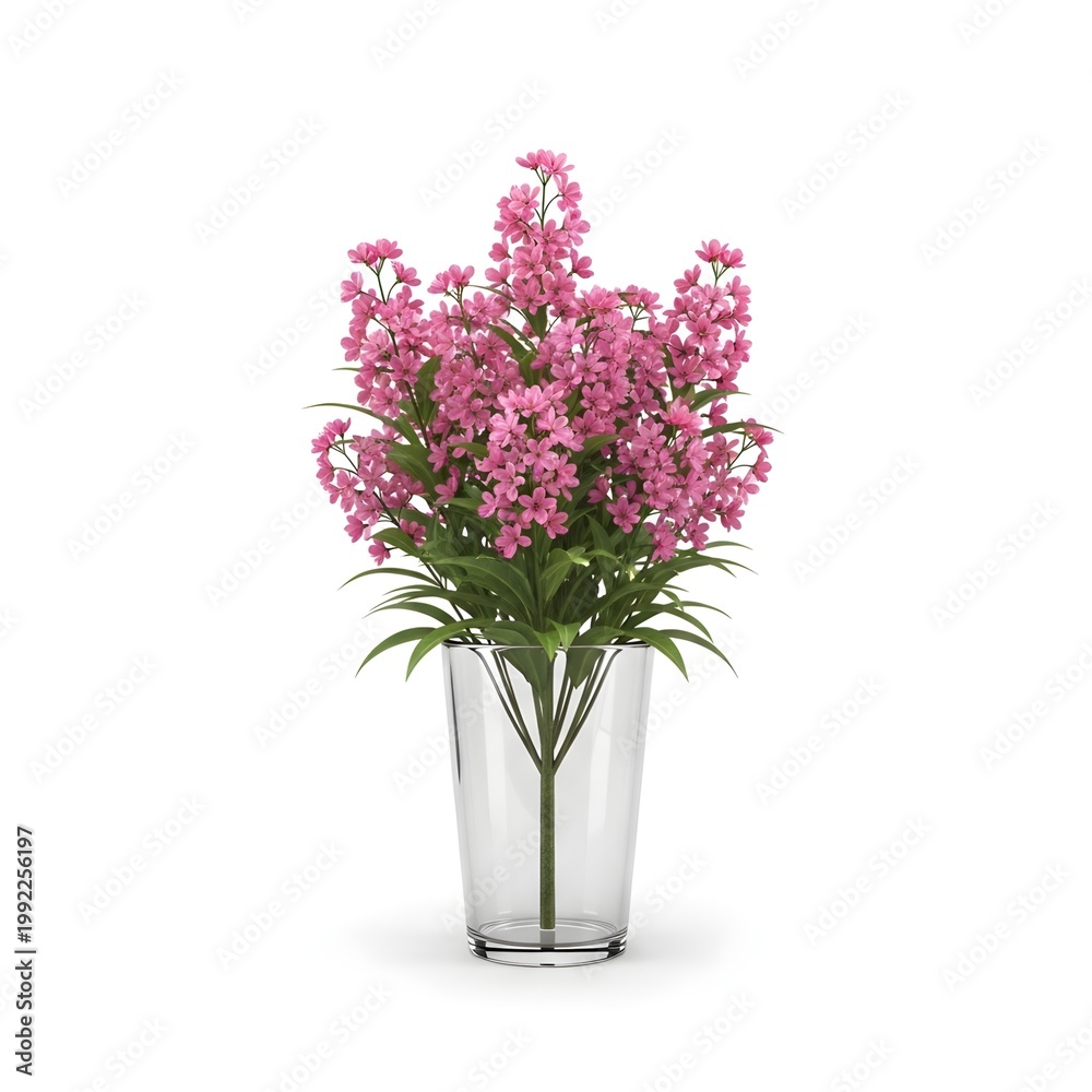 Obraz premium Lush bouquet of small pink flowers in clear glass vase on pristine white background.