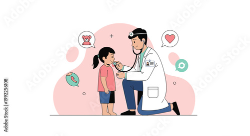 Pediatrician examines child with stethoscope, doctor caring for young patient, health checkup concept