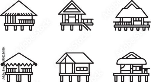 Tropical bungalows vector icon. water huts on stilts icon in flat filled and outline stroke line art