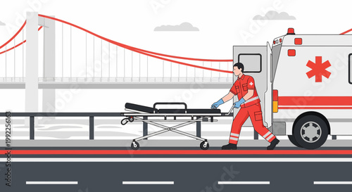 Paramedic with Stretcher near Ambulance and Bridge, Emergency Medical Services