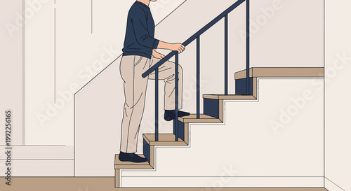 Person Climbing Stairs with Handrail, Healthy Lifestyle, Home Exercise, Fitness Routine