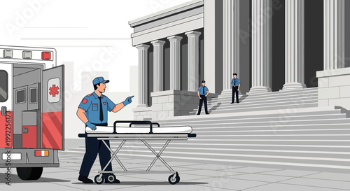 Paramedic with Stretcher near Ambulance and Courthouse Entrance with Police Officers