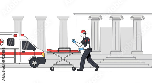 Paramedic with Stretcher near Ambulance and Classical Building